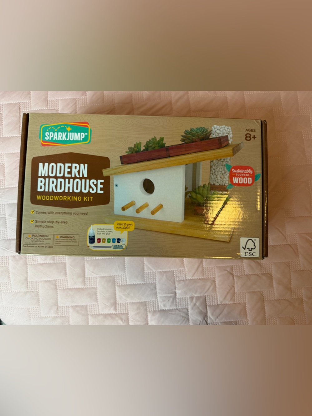 SparkJump Modern Birdhouse Woodworking Kit - White with Natural Wood Accents